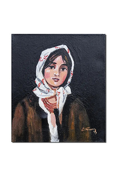 artnova Tablou tarancuta cu basma alba pictat manual, 30x25cm ulei pe panza, ...
