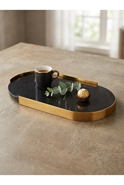 Adeem 36*18 Oval Black Marble Tray with Gold Trim