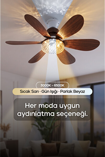 Feny F84 Tavan Vantilatörü LED Aydınlatmalı Kumandalı 3 Renk Sessiz 6 Kanatlı 3 Kademe Hız Ahşap Renk Fan