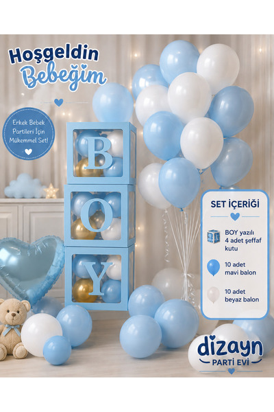 Dizayn Parti Evi Hoşgeldin Bebeğim BOY Kutulu Hastane Odası Süsleme Seti 4 Şe...