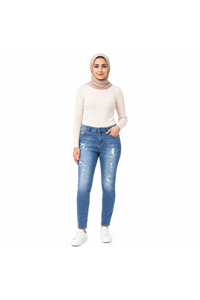 Generic Women's Ripped Jeans Elastic Waist Stretch Light Blue Color Denim Pants