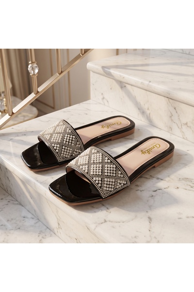 Fuzhoulanyang Women’s Pearl Rhinestone Flat Slide Sandals, Elegant Open Toe S...