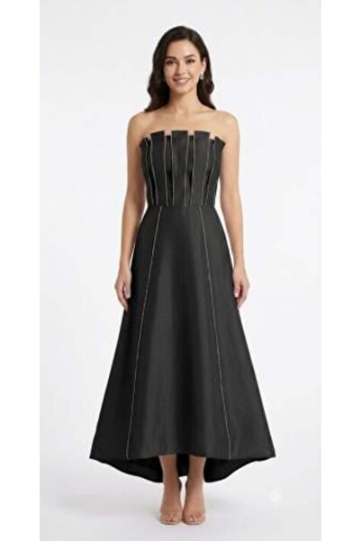 unbranded Women's Strapless Black High-Low Evening Dress with Modern Panel De...