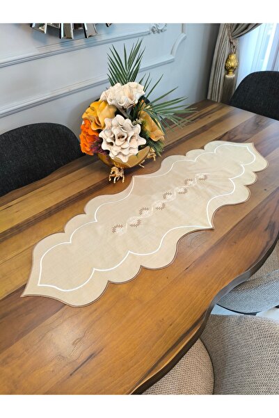Açık Kahverengi Nakışlı Lüks Runner (120 x 45 cm)