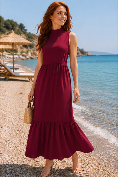 DEEP FAIR Women's Stand Collar Sleeveless Midi Dress with Flounce Detail Cm26...
