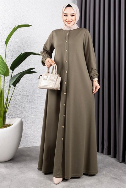 Mestore Button Detailed Belted Dress Khaki