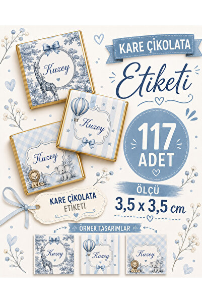 YEAP OFFICE Kişiye Özel Erkek Bebek Kare Çikolata Etiketi 117 Adet 3,5 x 3,5 ...