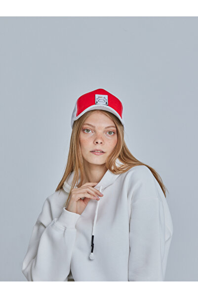 Unisex Kırmızı Beyaz Değiştirilebilir Patchli Fileli Trucker Şapka