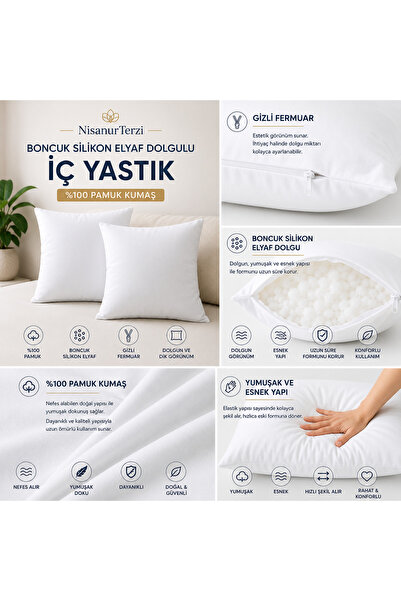 NisanurTerzi %100 Pamuk Kumaş Boncuk Silikon Elyaf Dolgulu Gizli Fermuarlı İç...