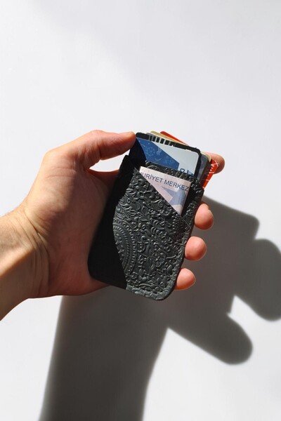 MAT Deri Black Genuine Leather Card Holder with Shawl Pattern, Slim, Small Ca...
