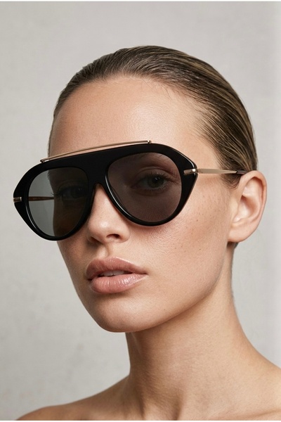 REN EYEWEAR Barre Large Size Black Sunglasses Oversize Gold Metal Detailed St...