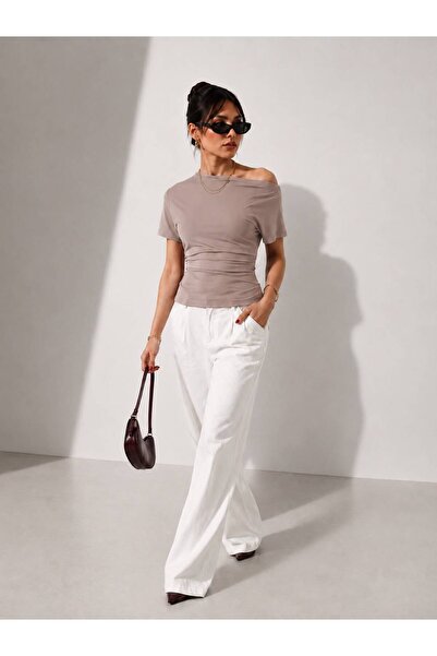 Hira Clothing Boat Neck Off-Shoulder Draped Bat Sleeve T-Shirt\Blouse\Top