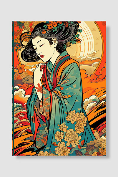 Luna Marissa Japanski gejša poster tirkizni kimono narandžasto nebo sunce hri...