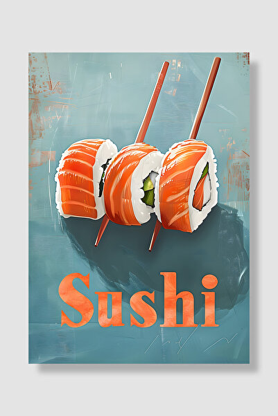 Luna Marissa Poster sushi cu somon portocaliu, rulouri, bețișoare, fundal alb...