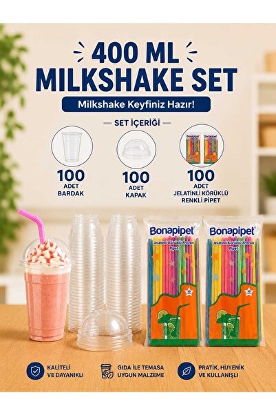 isopack 400 Cc Plastik Pet Limonata Milkshake Bardağı Kapaklı + pipet 100 lü set