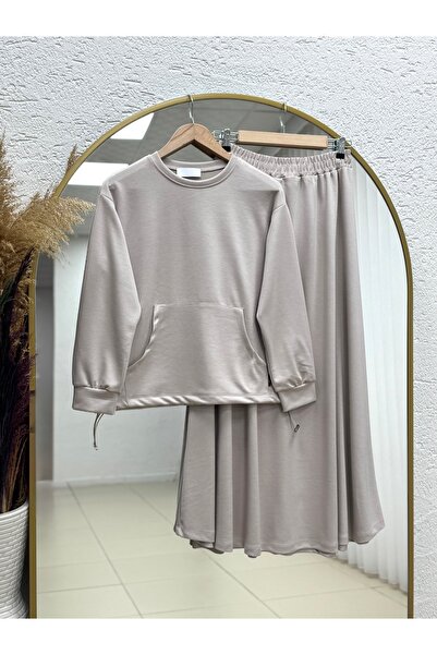 MİHRA STORE طقم تونيك داريانا كانغرو مع جيوب وتنورة ضيقة. MF1887-NL678 حجري