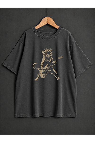 ZİYMO Unisex Guitar Cat Printed Oversized Shirt