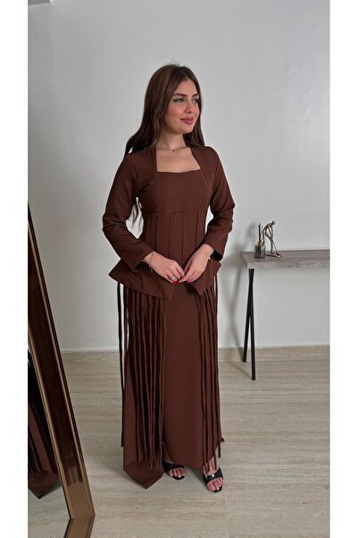 Ayaen Long Brown Dress with Long Sleeves and Embellished Corset and Hanging T...
