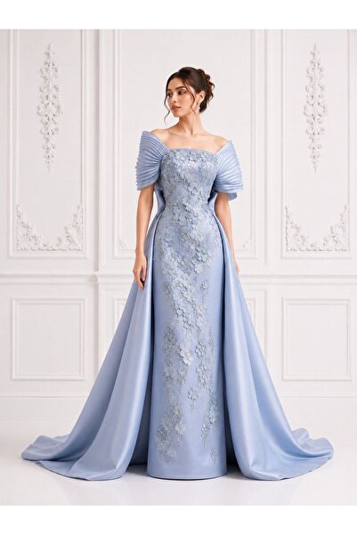 ranin Light Blue Evening Dress with Embroidery and Mikado Tail.