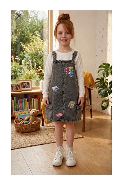 NO BRAND Girl's Denim Dress (Overall) with Tassels and Colorful Patches