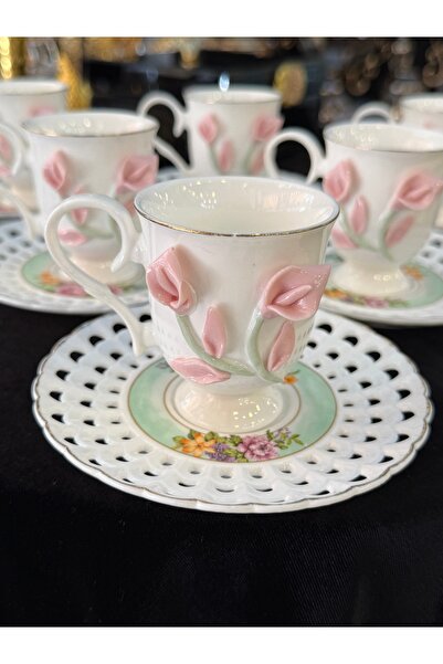 LOKMAN ZÜCCACİYE SHOWROOM 6 Person Porcelain Rose Detail Capodi̇monte Pink Co...