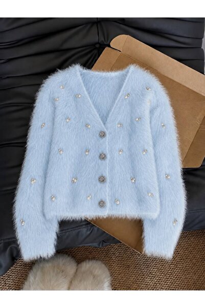 NATUFIAN STORE Women's Pearl and Stone V-Neck Plush Textured Basic Knitwear C...