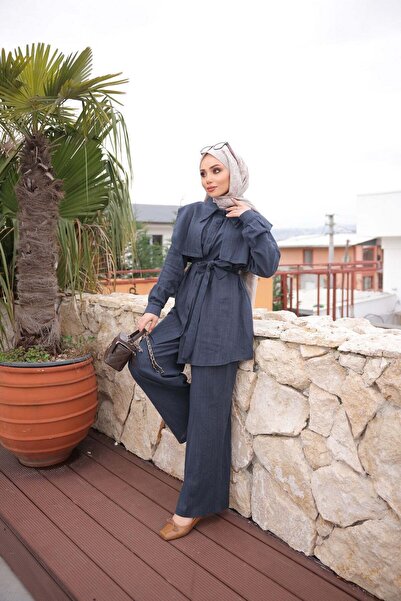 Bwest طقم كتان - أزرق داكن