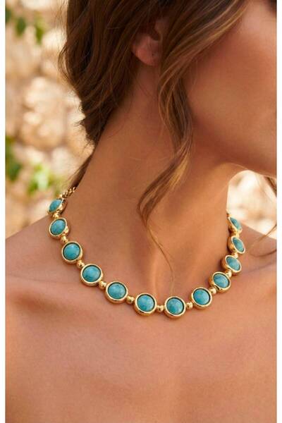 alysa jewelry Women's Natural Stone Bead Gold Detailed Brand Model Necklace