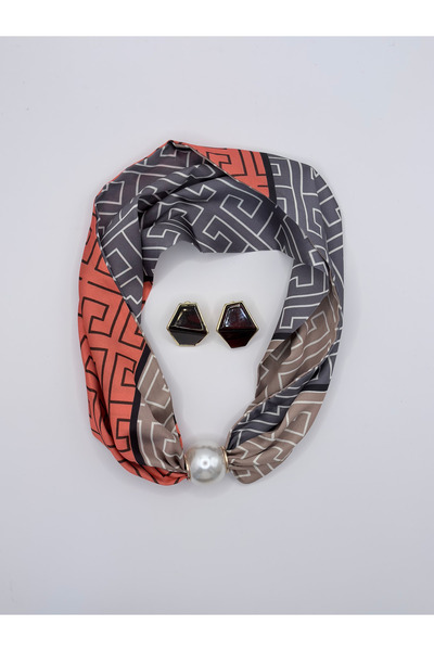 MAREM Satin Scarf Necklace and Earring Set with Magnet Pearl Detail 44 cm Wom...