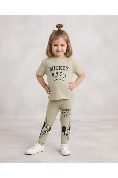 VOY KİDS Girl's Summer Mickey Printed 2-Piece Thin Set with Tights and T-Shir...