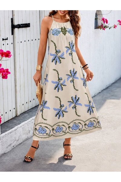 Livizmir Moda فستان نسائي طويل بياقة مستقيمة ونمط زهور