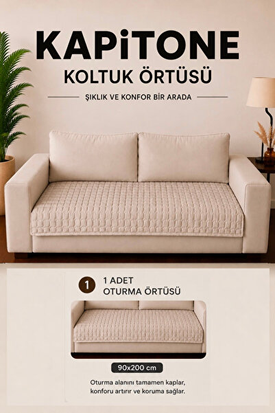 vivamia Kare Desenli Tek Parça Kaymaz Taban Kapitone Koltuk Örtüsü Çekyat Kanepe Örtüsü 90x200