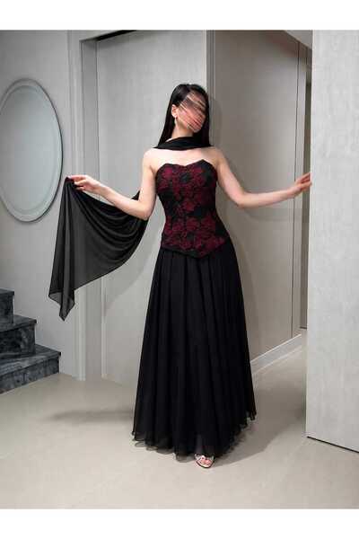Kurtah Black Evening Gown with Burgundy Floral Embroidery and Chiffon Shawl