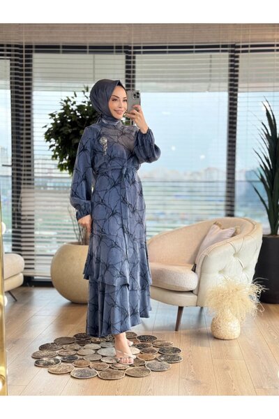 ORHAN STORE 08-1703 Self-Patterned Skirt Layered Dress Navy Blue