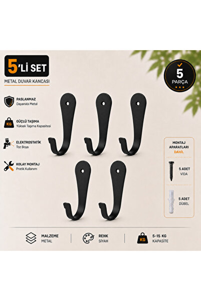 WOCHMANN Metal Duvar Askısı 5'li Set Antre Banyo Mutfak Askılığı