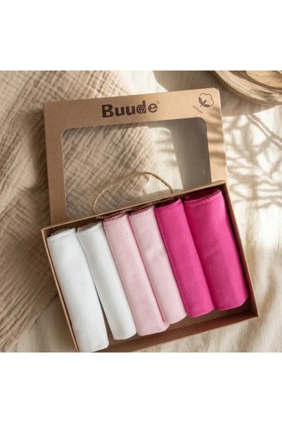 BUUDE 100% Cotton Set of 6 Baby Mouth Wipes and Drying Cloths - Pink Gift Box
