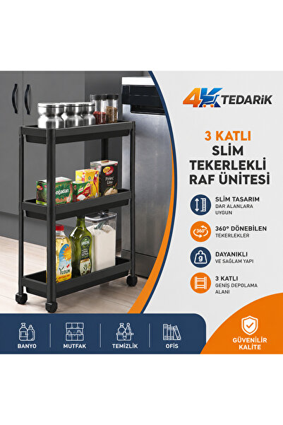 4K TEDARİK 3 Katlı Slim Tekerlekli Banyo Rafı Çok Amaçlı Raf Ünitesi Mutfak R...