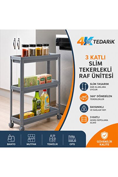 4K TEDARİK 3 Katlı Slim Tekerlekli Banyo Rafı Çok Amaçlı Raf Ünitesi Mutfak R...