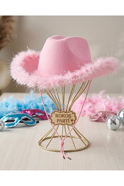 Kokoş Parti Kovboy Şapkası Pembe ● Barbie Şapkası ● Tüylü Cowgirl Bekarlığa V...