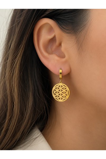 Bymiel Stainless Steel Flower of Life Gold Hoop Women's Earrings Model Code