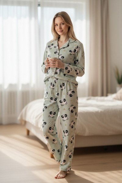 pistyle Women's Panda Patterned Mint Green Striped Pajama Set - Buttoned Long...