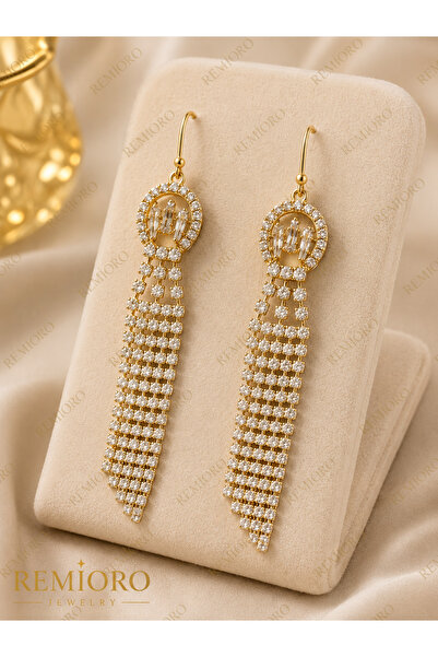 REMIORO Cercei lungi placați cu aur 14K cu zirconii, 7 cm, model tip candelab...