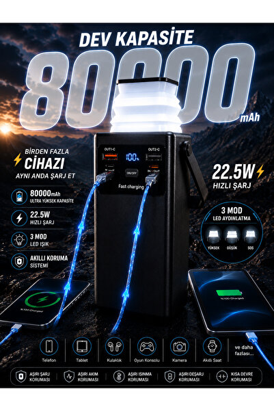 kawigo 80000mAh Powerbank Dahili Kablolu 22.5W Hızlı Şarj Taşınabilir Kamp Lambalı Powerbank LED Fener Type-C PD Power Bank Tüm Modellerle Uyumlu Powerbank
