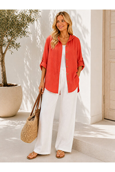 duygu altıntaş Hooded Midi Length Cotton Shirt Jacket with Mesh Detail