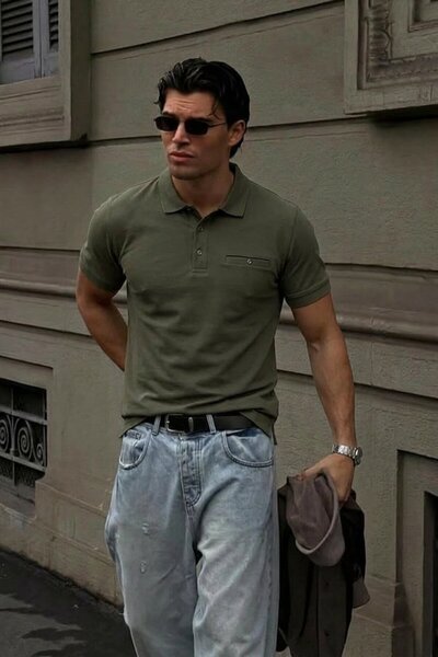Maccali Men's Loose Short Sleeve Pocketed Khaki Polo Collar t Shirt