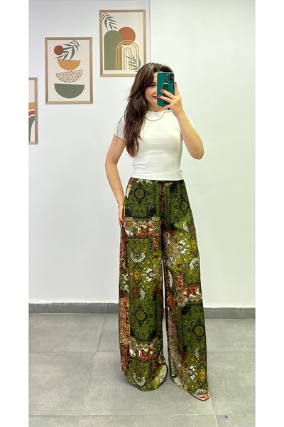 bydenizcollection Wide-Leg Pants with Slits on Both Sides, Elastic Waistband ...
