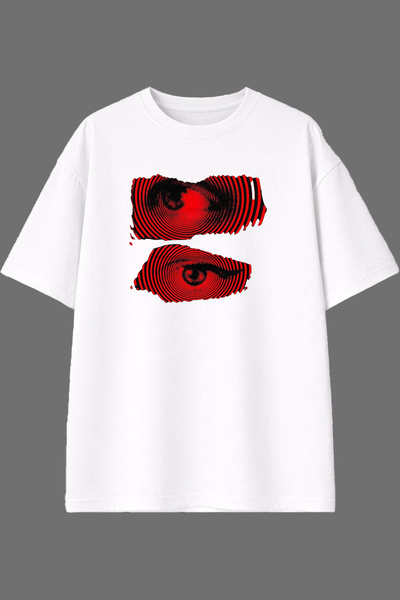 VSRN Tricou oversize alb cu imprimeu frontal Red Eyes Design