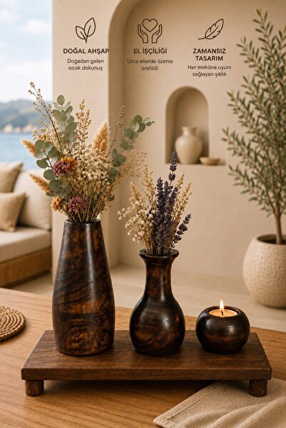ENYAZA(2024) Handmade Natural Wooden Decorative Vase & Candle Holder Set of 2...