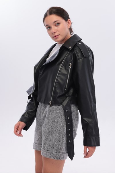 ELUVIA FASHION New Season Belted Oversize Cropped Leather Jacket, Zipper Detailed Boyfriend Faux Leather Jacket