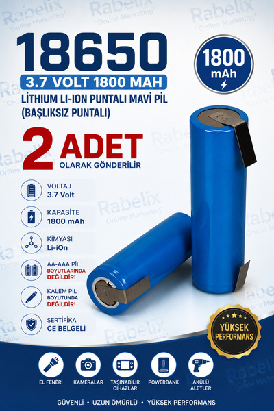 Rabelix Online Marketing 2 Adet 18650 3.7V 1800 mAh Li-ion Başlıksız Puntalı ...